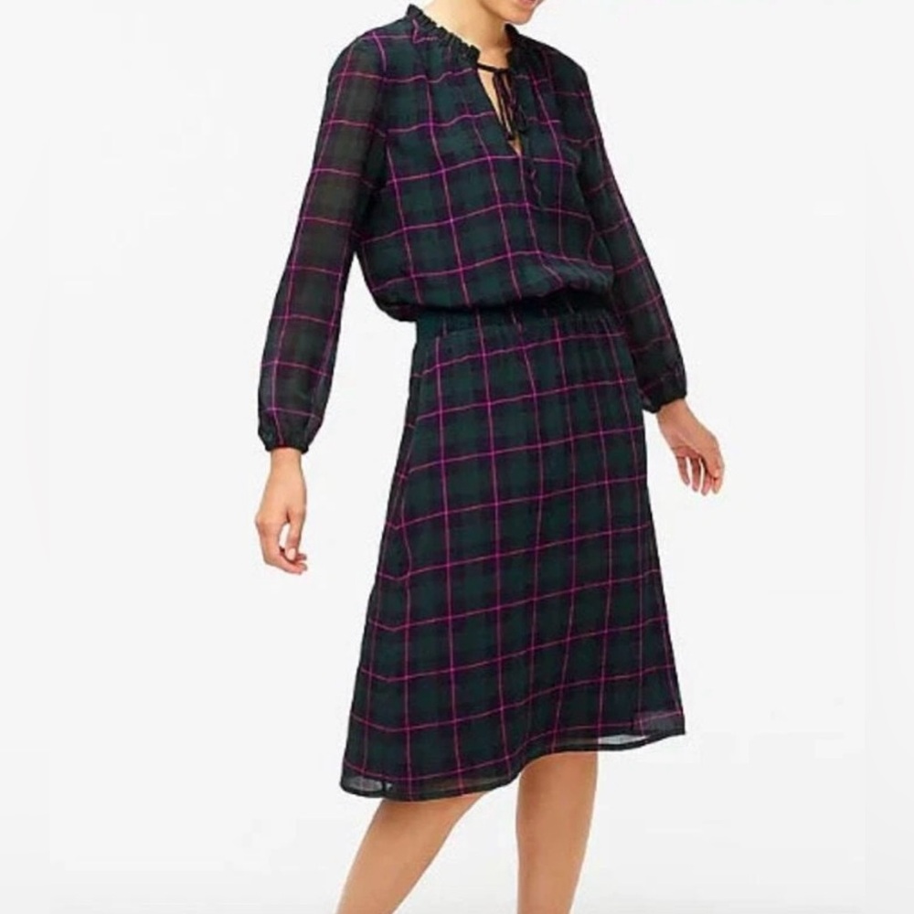J.CREW Dark Green Plaid Blouson Dress, Ruffle Tie Collar Puff Sleeve Size Medium
